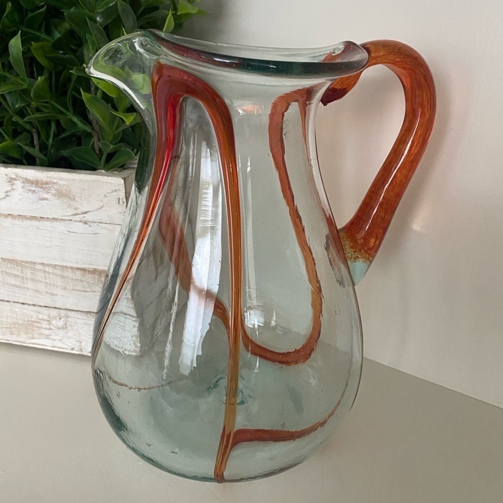 Veined Glass Pitcher - Mid Century Modern Barware - Hand Made Drinkware Unmarked